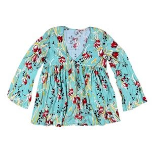 Free People‎ Bella Babydoll Tunic Top Womens XS Teal Floral V-Neck Boho Blouse